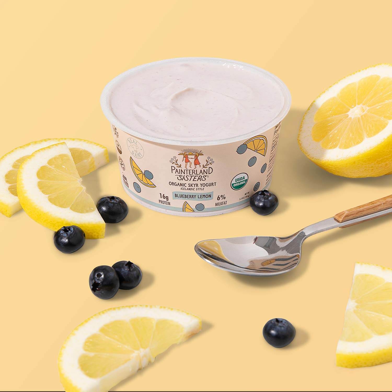 Open cup of blueberry lemon Painterland Sisters organic skyr yogurt next to a spoon with fresh lemons and blueberries