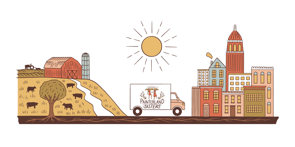 Illustration of Painterland Sisters truck driving from the farm to the city
