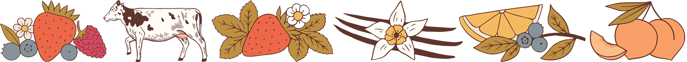 Illustration of berries, dairy cow, vanilla beans, lemon slices, and peaches