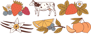 Illustration of berries, dairy cow, vanilla beans, lemon slices, and peaches