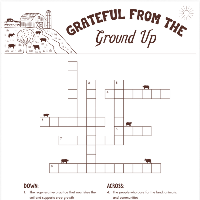 Crossword puzzle titled 'Grateful from the Ground Up' with a farm illustration and 'Painterland Sisters' branding.