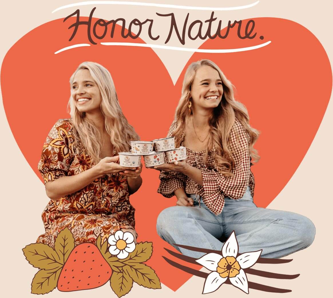 Portrait of Hayley and Stephanie Painter surrounded by an illustrated heart and the words Honor Nature