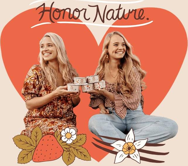 Portrait of Hayley and Stephanie Painter surrounded by an illustrated heart and the words Honor Nature